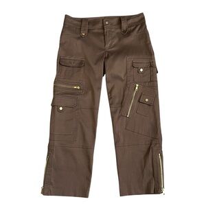 Cache Y2K 90s Crop Satin Cargo Pants Women’s Size 4 Brown Gold Hardware Low Rise